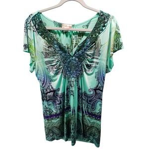 World Unity Mint Green Paisley Beaded V-Neck Short Sleeve Top Large Boho Artsy